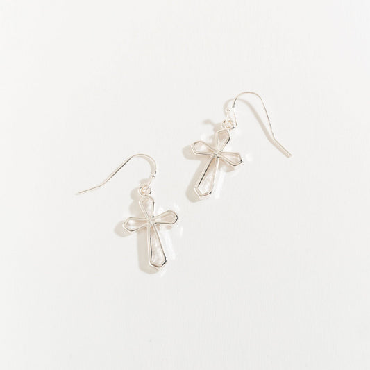 Large Silver Drop Cross Earrings