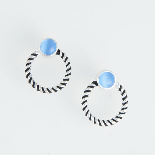 Ear Sense Silver Antique Rope Circle Blue Cateye Earrings