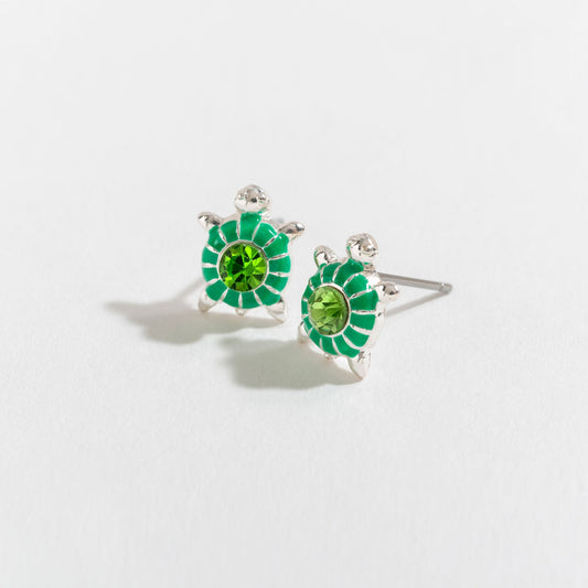 Silver & Green Turtle Stud Earrings