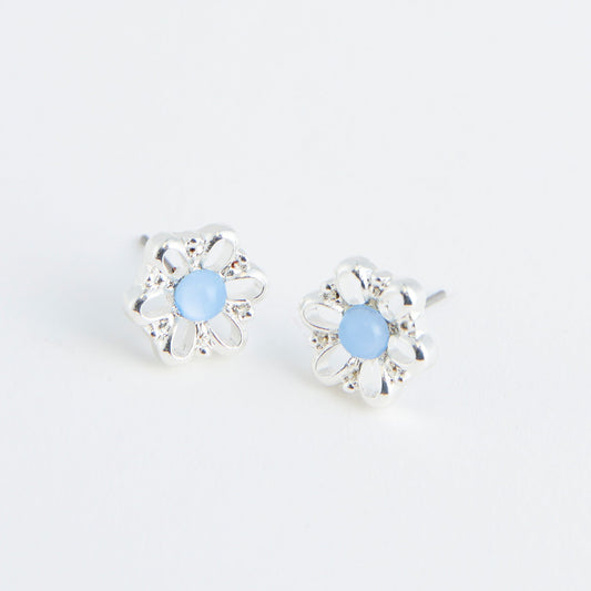 Ear Sense Silver and Blue Stone Flower Stud Earrings