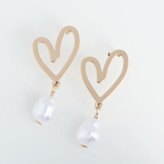 Ear Sense Gold Heart and Pearl Drop Earrings