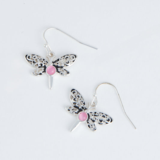 Ear Sense Silver Dragonfly with Pink Stone Drop Earrings