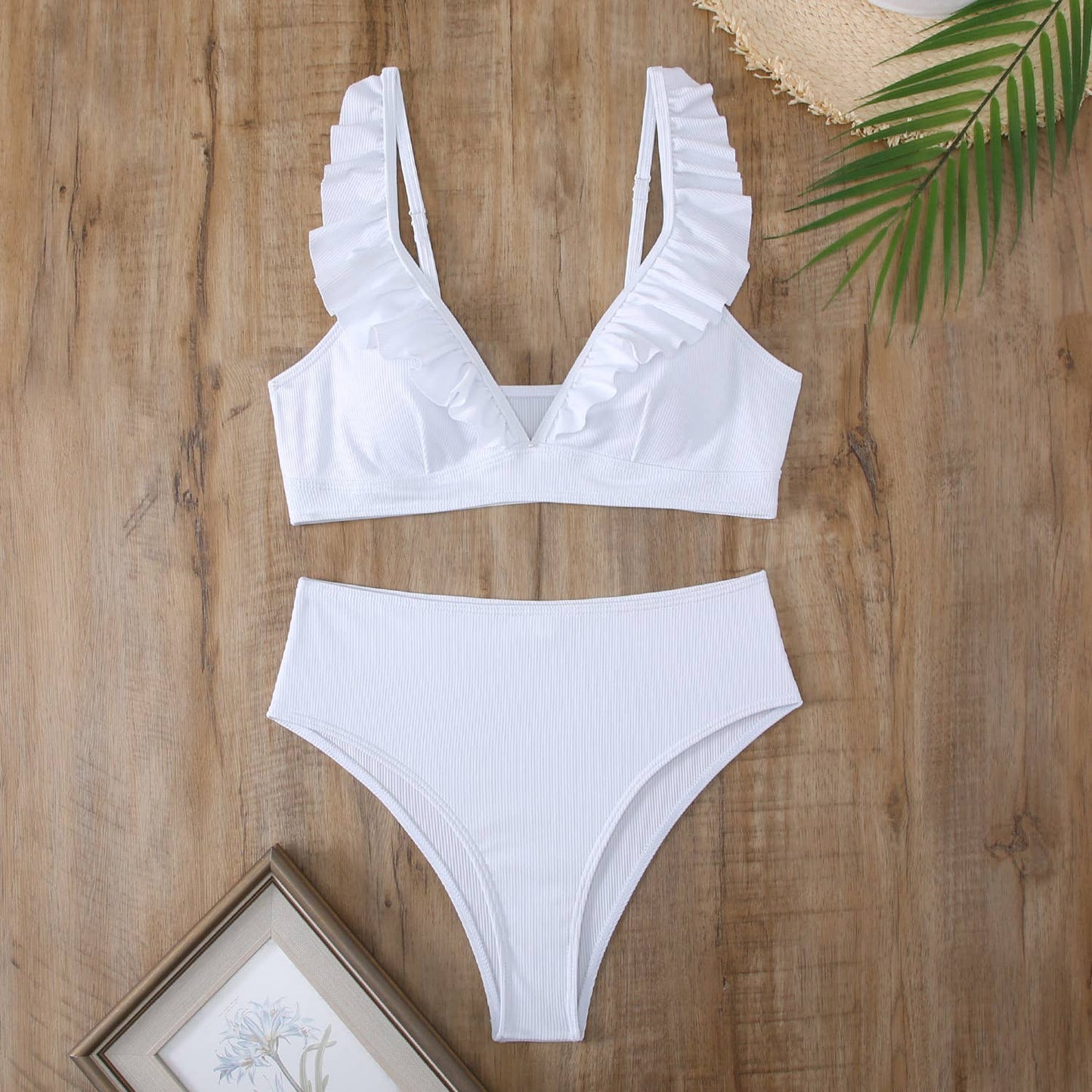 Striped High Waist V-neck Ruffled Bikini
