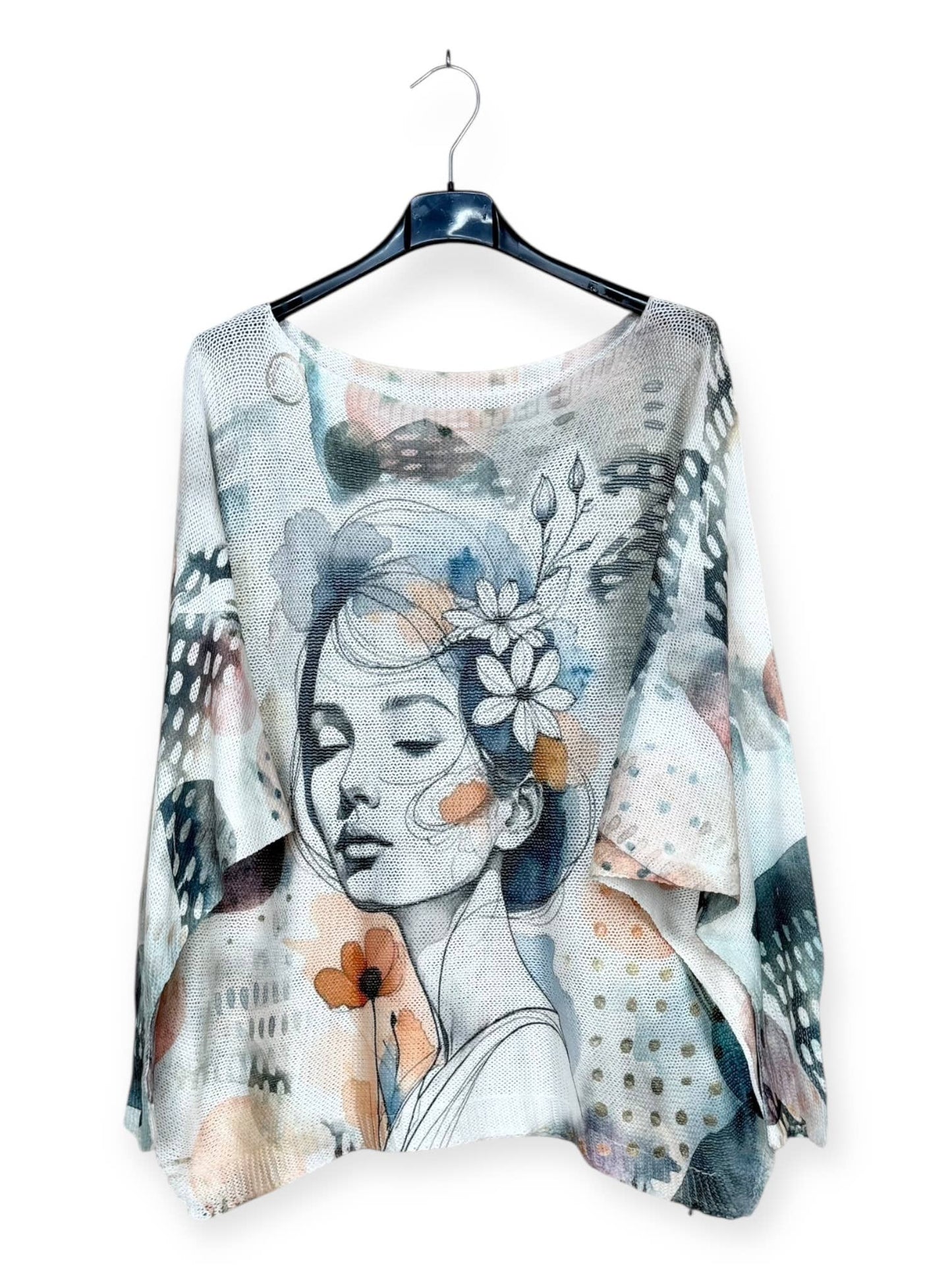 Girl with Updo & flowers in Hair Patterned knit sweater, long sleeves