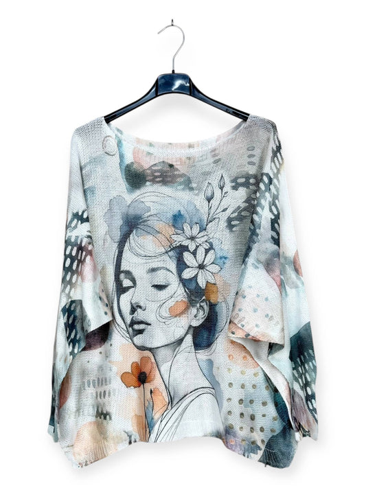 Girl with Updo & flowers in Hair Patterned knit sweater, long sleeves