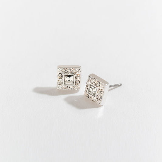 Silver Square Crystal Stone Stud Earrings