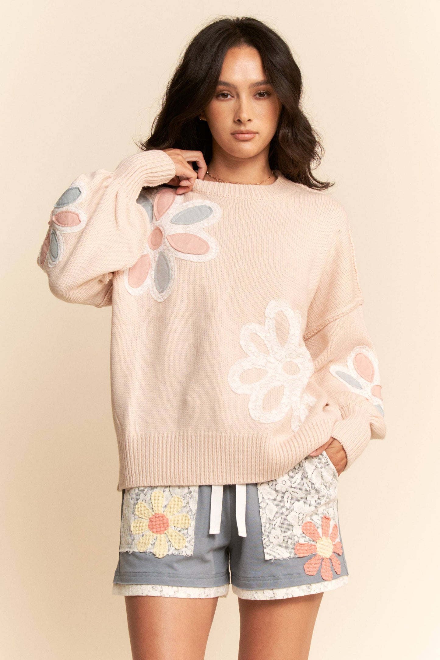 MULTI FLORAL PATCHWORK LONG SLEEVE SWEATER TOP by Davi & Dani