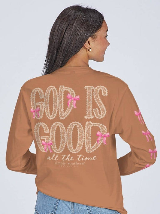Lace and Pink Bows with God is Good All the Time LS-GOD-CHSTNT Brown Long Sleeve Tee by Simply Southern