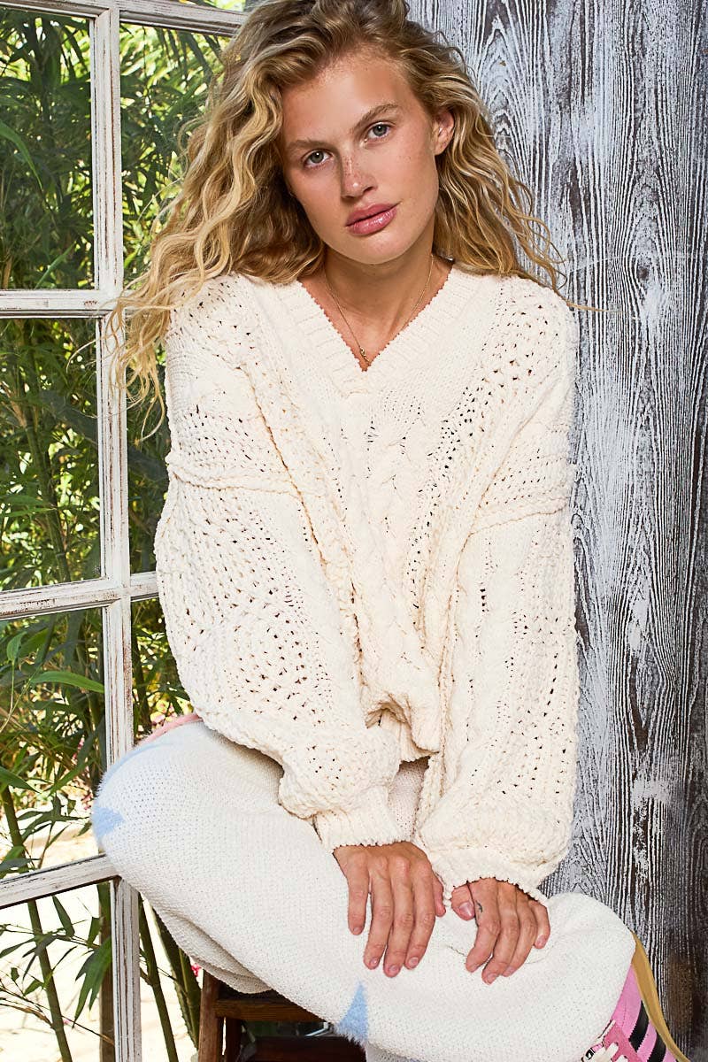 V-Neck Chenille Sweater Semi Cropped Top by  Pol Clothing