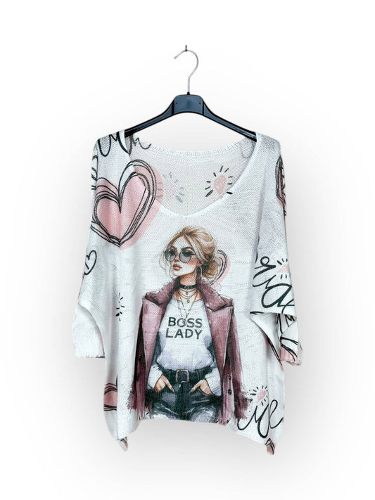 Boss Lady Knit V-neck T-shirt, patterned, 3/4 sleeve Made in Italy