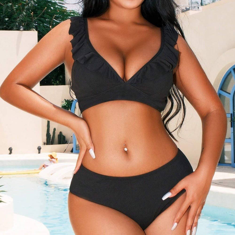 Striped High Waist V-neck Ruffled Bikini