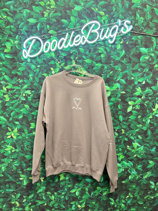 MOM HEART CREW SWEATSHIRT WITH ALWAYS STRESSED BUT LOVED AND BLESSED ON SLEEVE - ROCK GREY