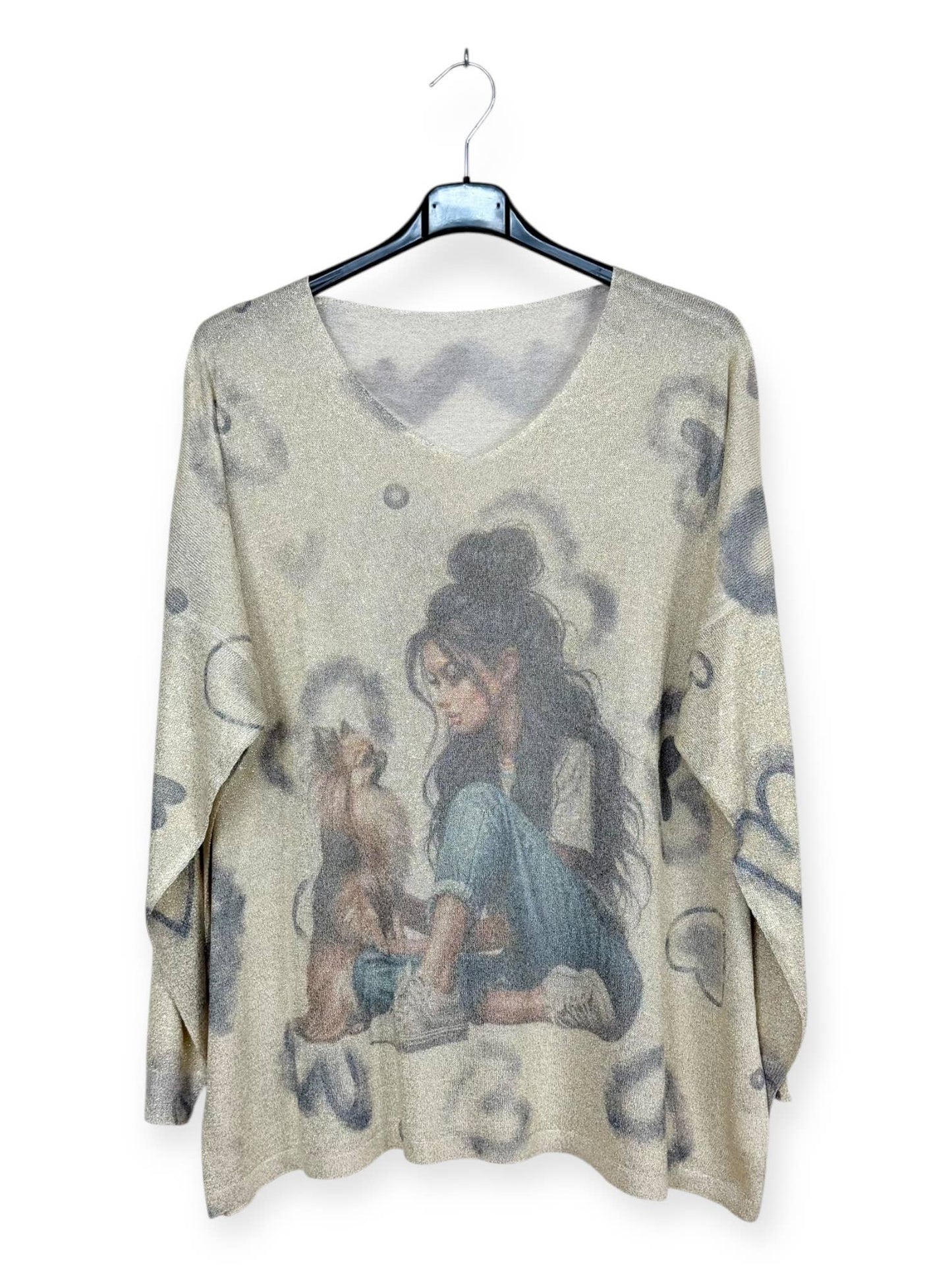 Brown Hair Girl Loves Dog Printed sweater, shiny material Made in Italy