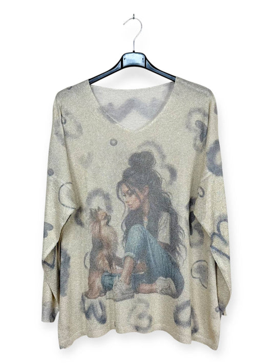 Brown Hair Girl Loves Dog Printed sweater, shiny material Made in Italy