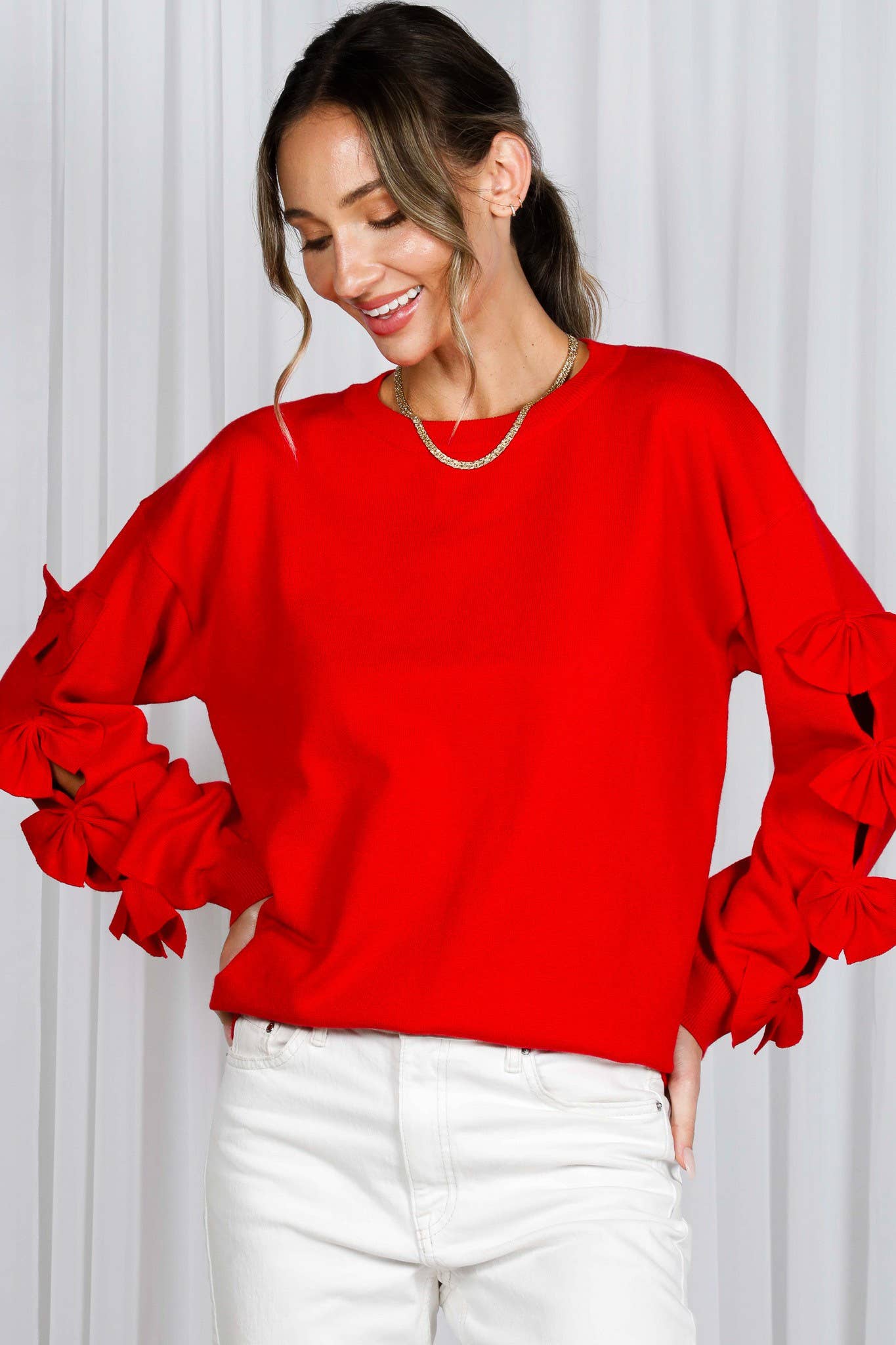 Bow Embellished Long-Sleeve Crew Neck Knit Sweater