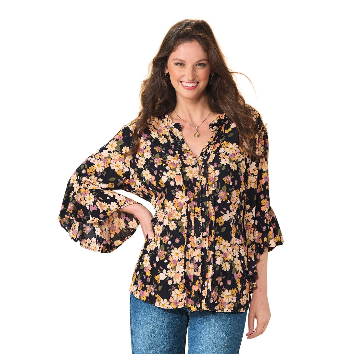 Black Florals Ruffle Shirt