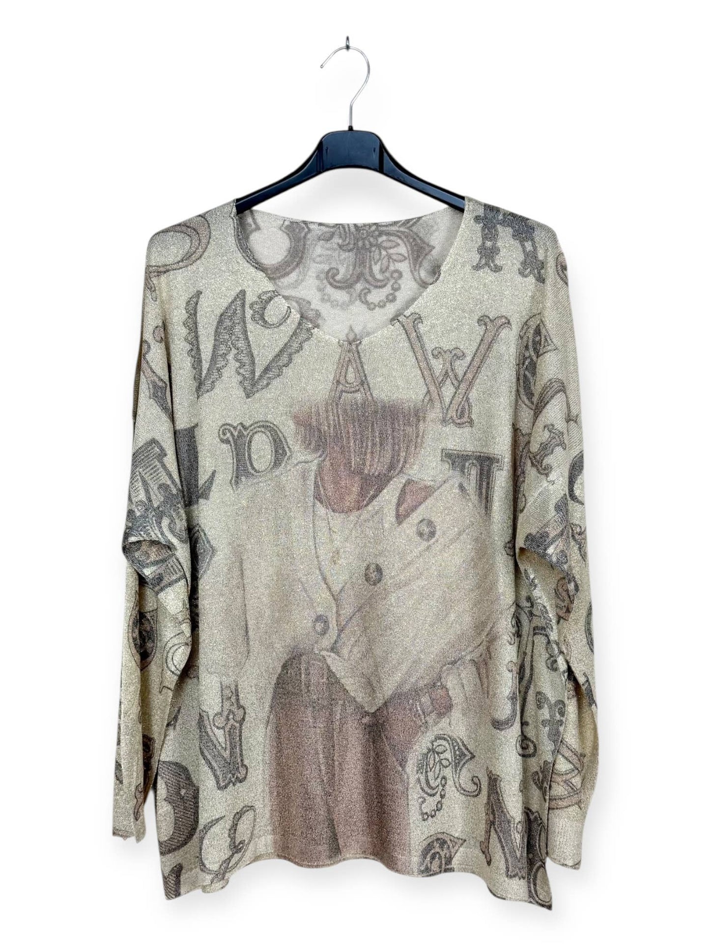 Short Hair off shoulder Cardigan sweater on Printed sweater, shiny material Made in Italy