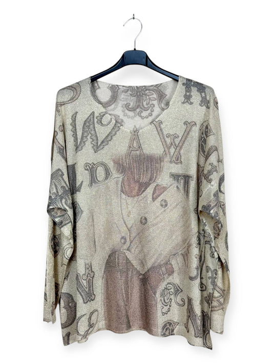 Short Hair off shoulder Cardigan sweater on Printed sweater, shiny material Made in Italy