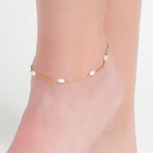 Dainty Pearl Anklet Gold L" 8 1/2 Narelle Waterproof Jewelry