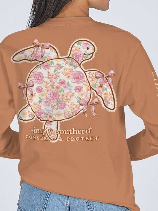Youth Chestnut Brown Floral Sea Turtle Simply Southern Long Sleeve Tee YTH-LS-TRACKT3-CQTFLR-CHSTNT