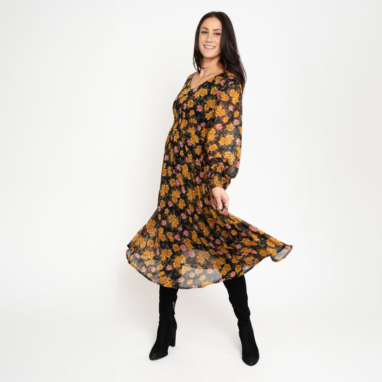 Brett Long Sleeve Floral Midi Dress