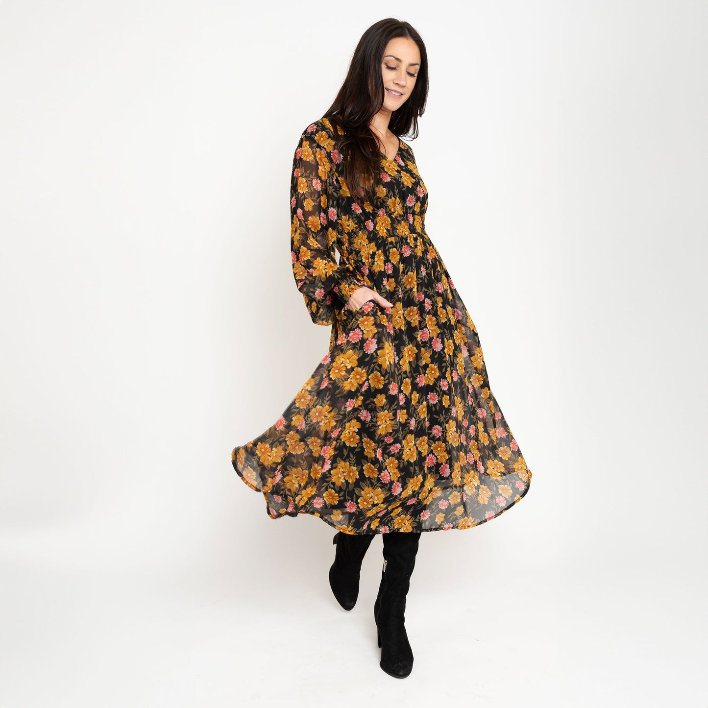 Brett Long Sleeve Floral Midi Dress