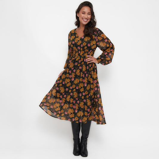 Brett Long Sleeve Floral Midi Dress