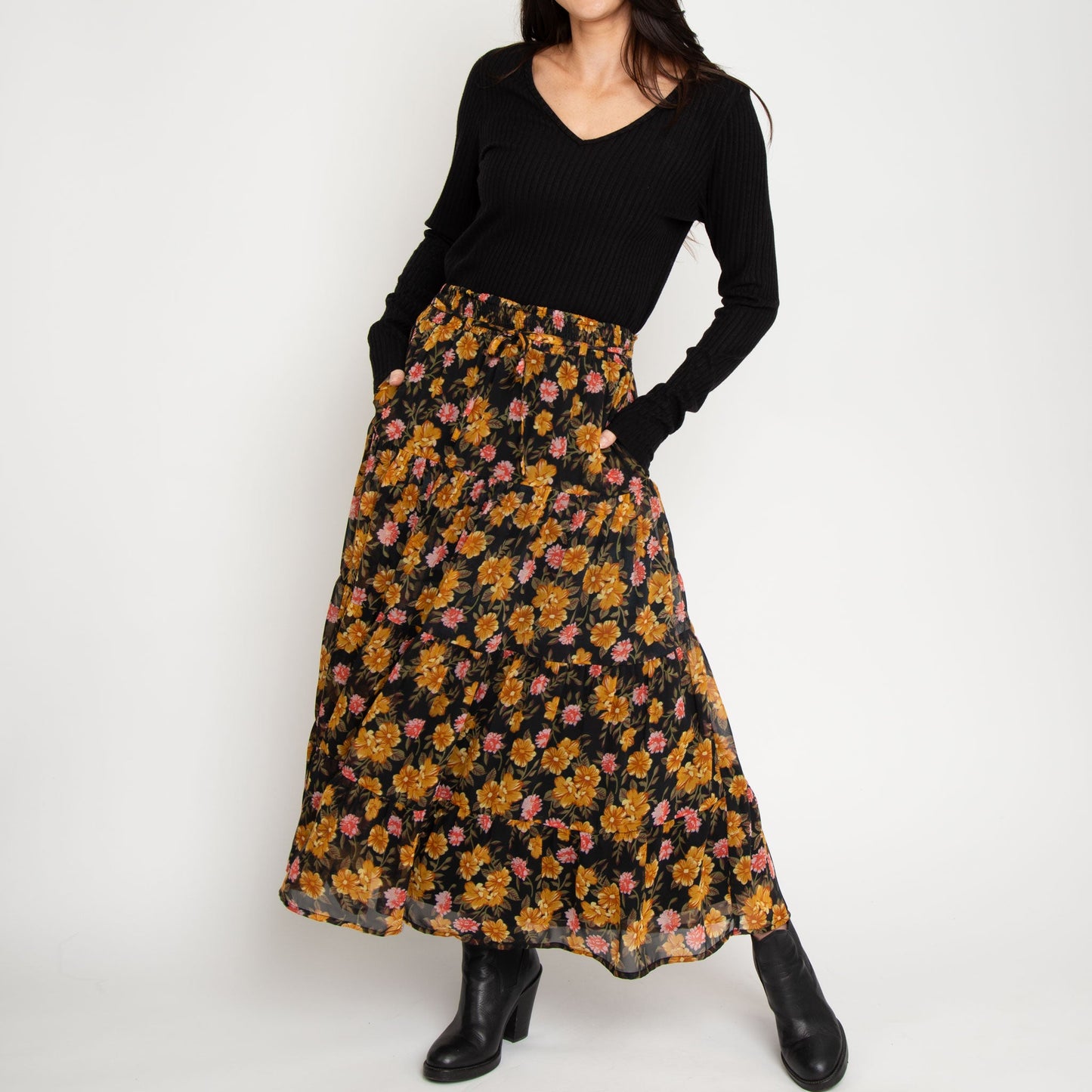 Brett Marigold Floral Tiered Maxi Skirt