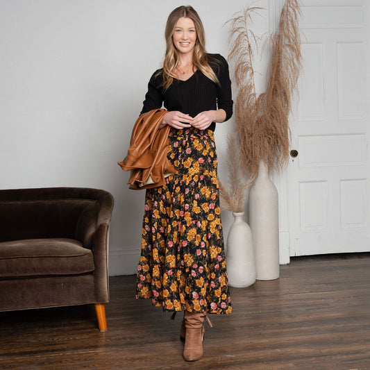 Brett Marigold Floral Tiered Maxi Skirt