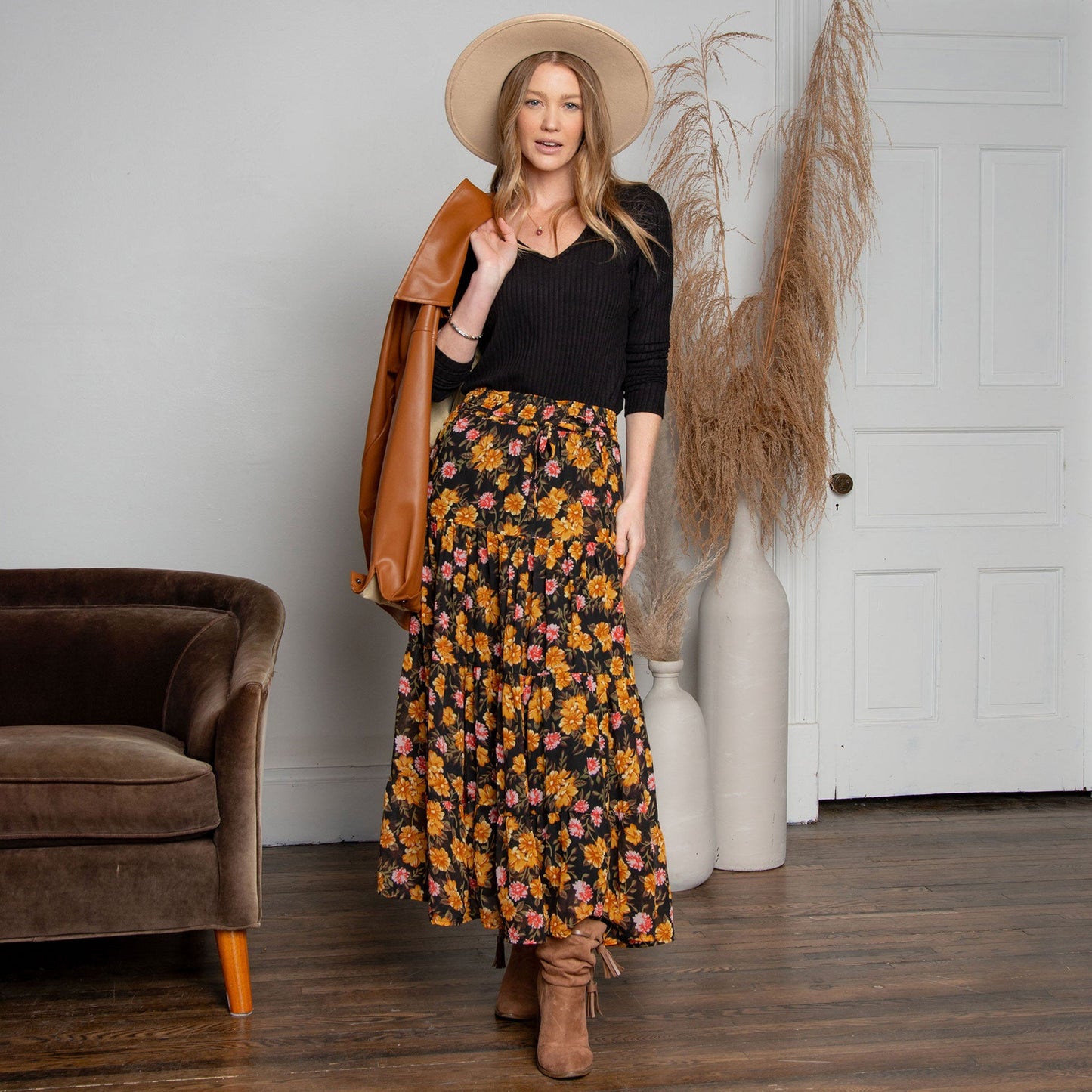 Brett Marigold Floral Tiered Maxi Skirt