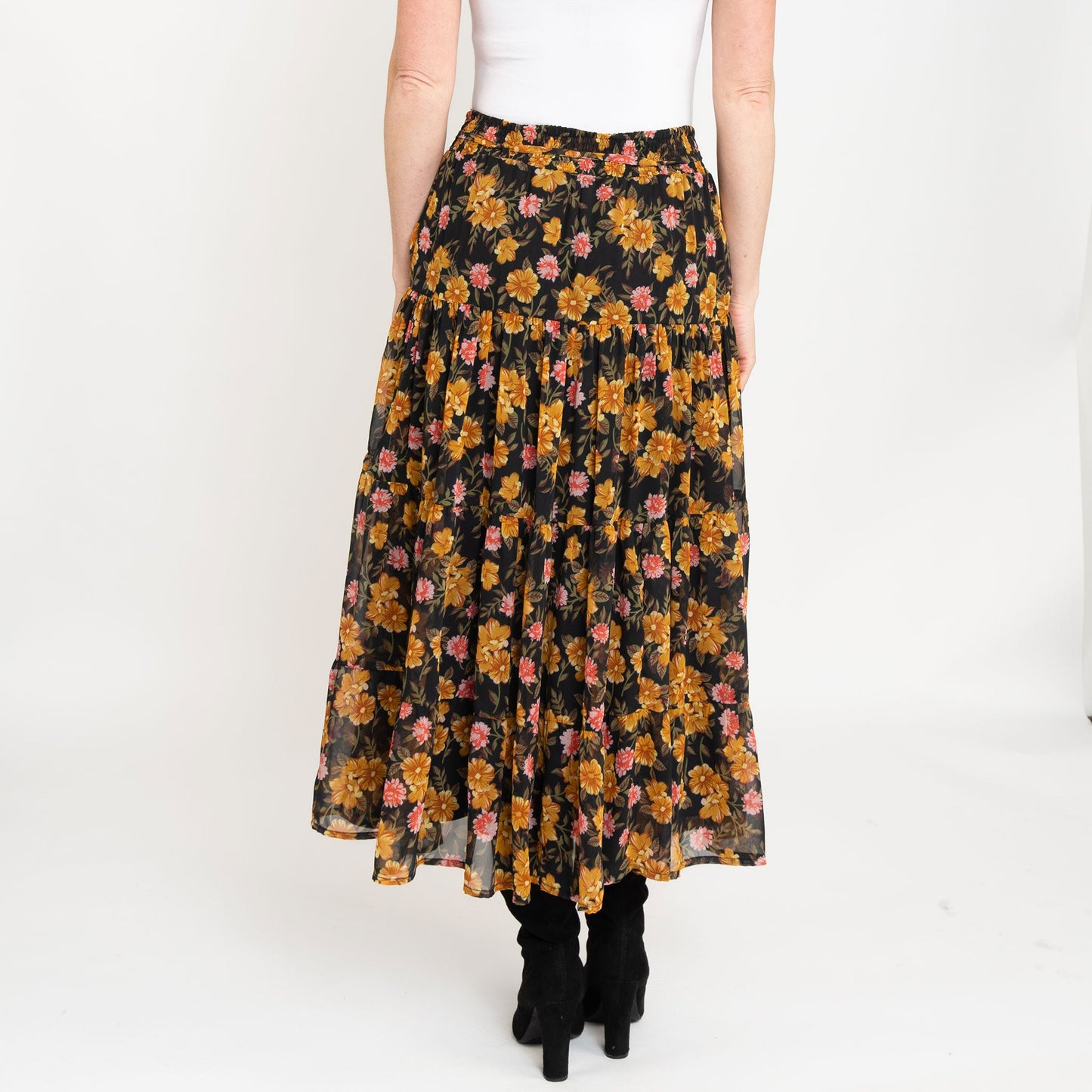 Brett Marigold Floral Tiered Maxi Skirt