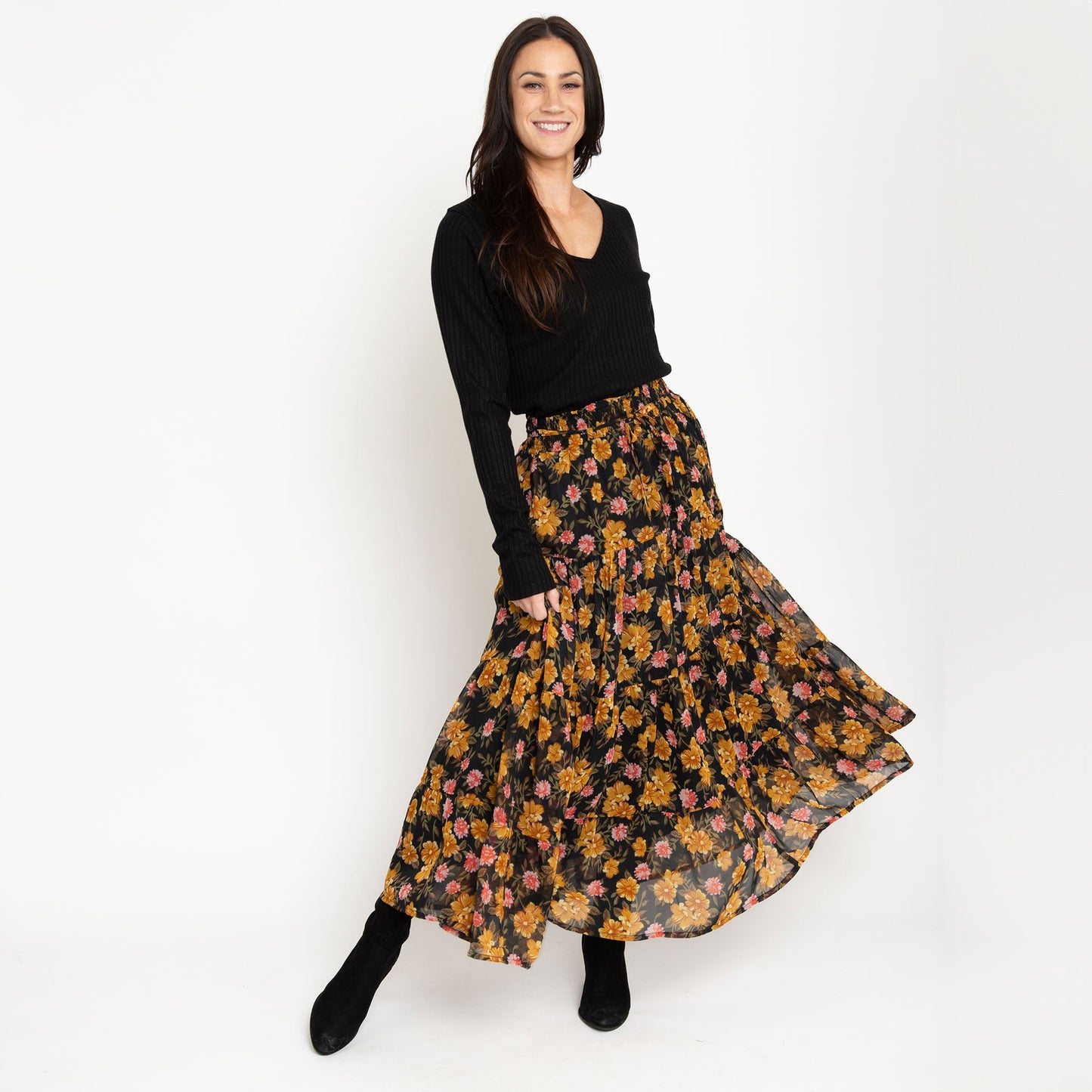 Brett Marigold Floral Tiered Maxi Skirt