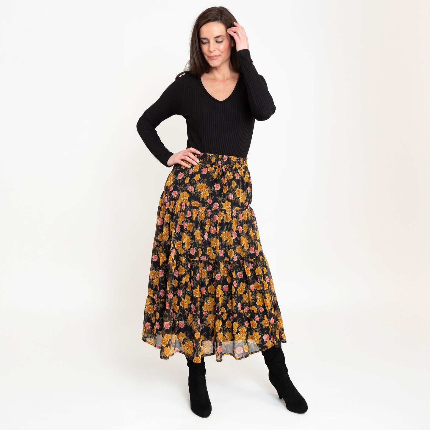 Brett Marigold Floral Tiered Maxi Skirt