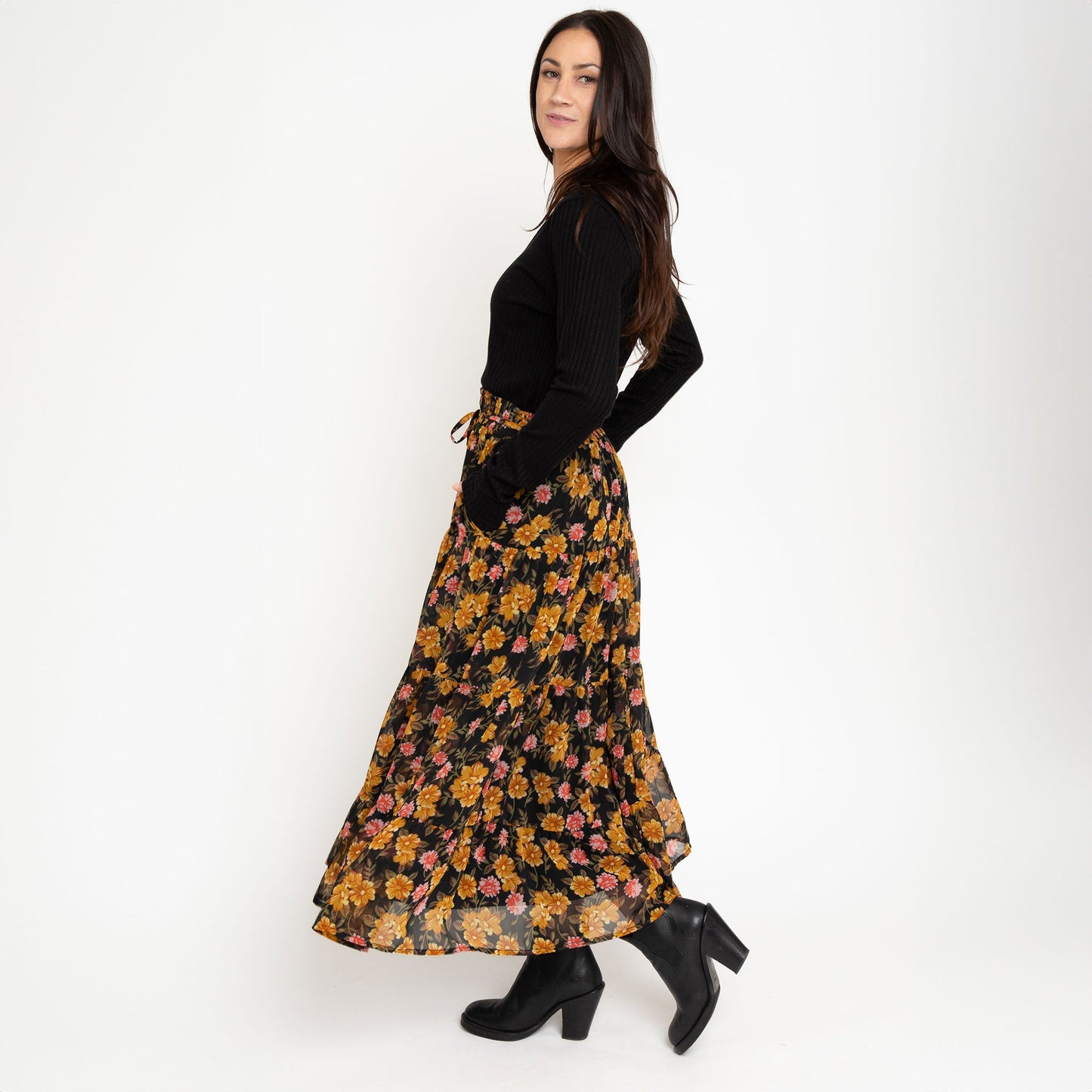 Brett Marigold Floral Tiered Maxi Skirt