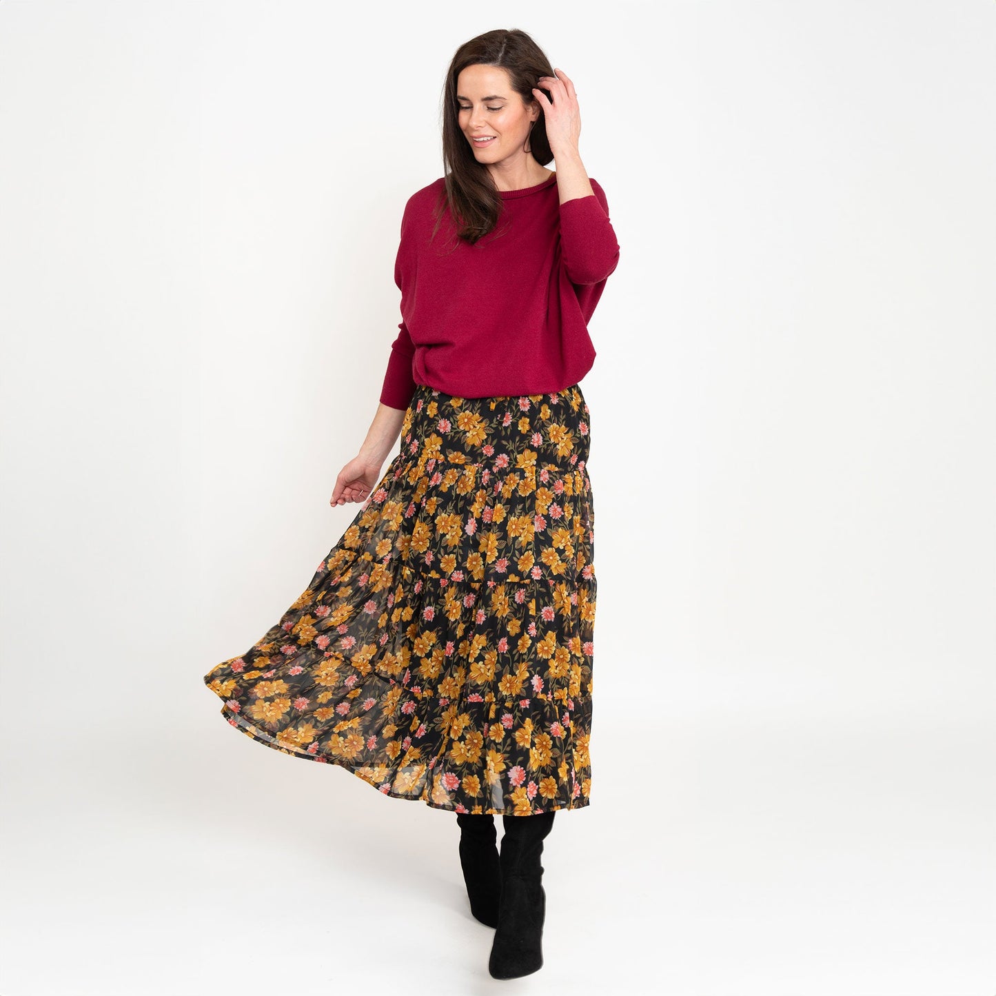 Brett Marigold Floral Tiered Maxi Skirt