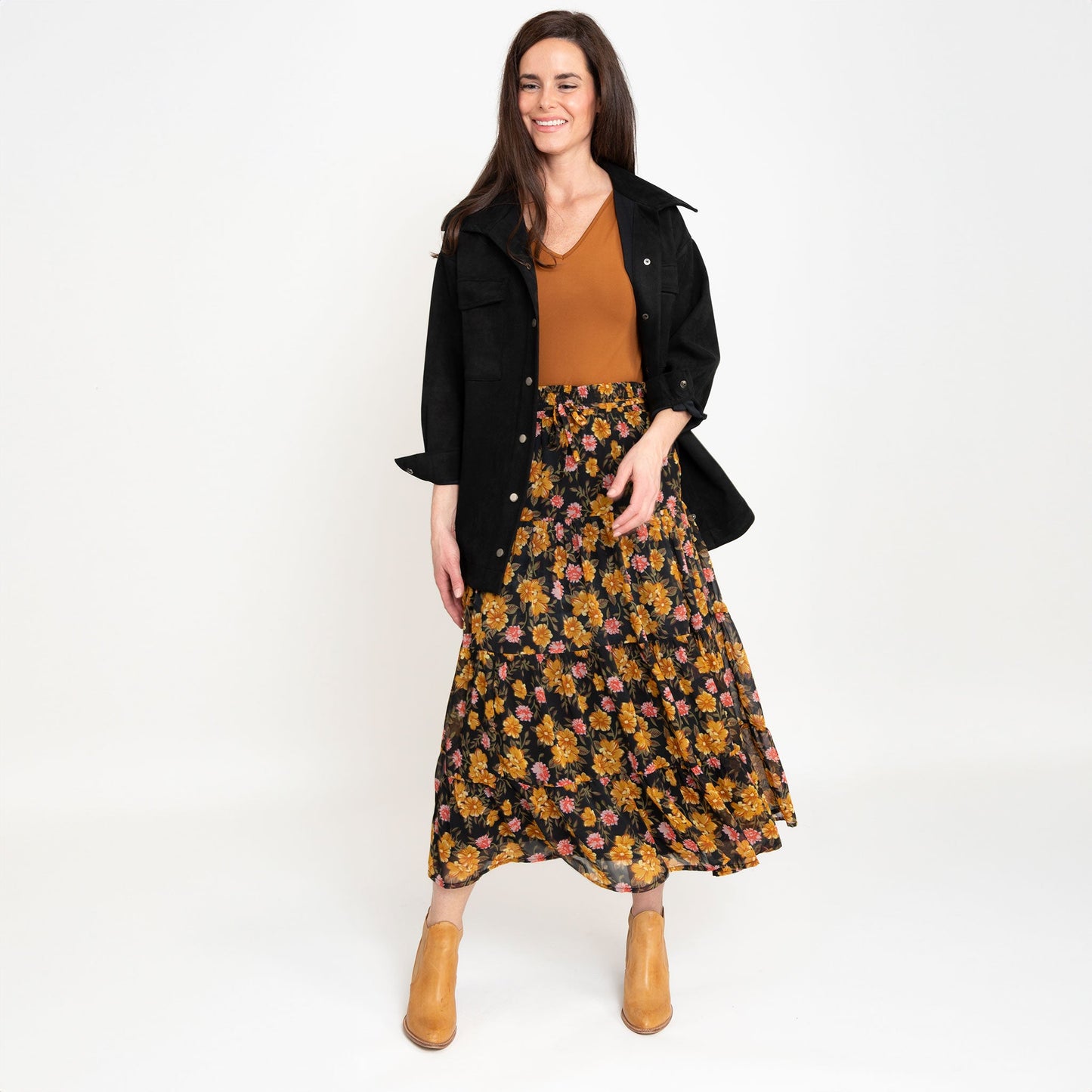 Brett Marigold Floral Tiered Maxi Skirt
