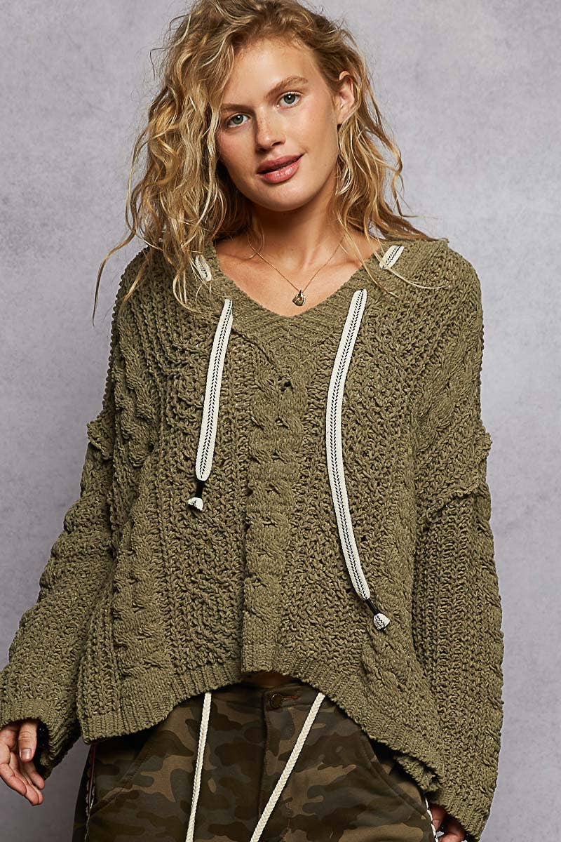 Oversize fit v-neck hooded cable knit chenille sweater by Pol Clothing