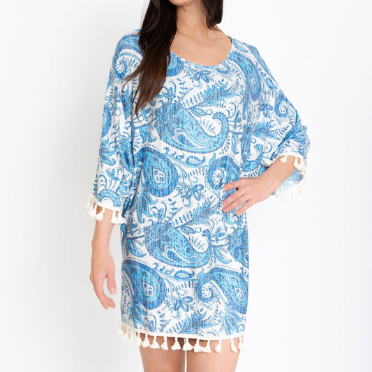 Elsie Blue Paisley Fringe One Size Beach Swimsuit Cover Up