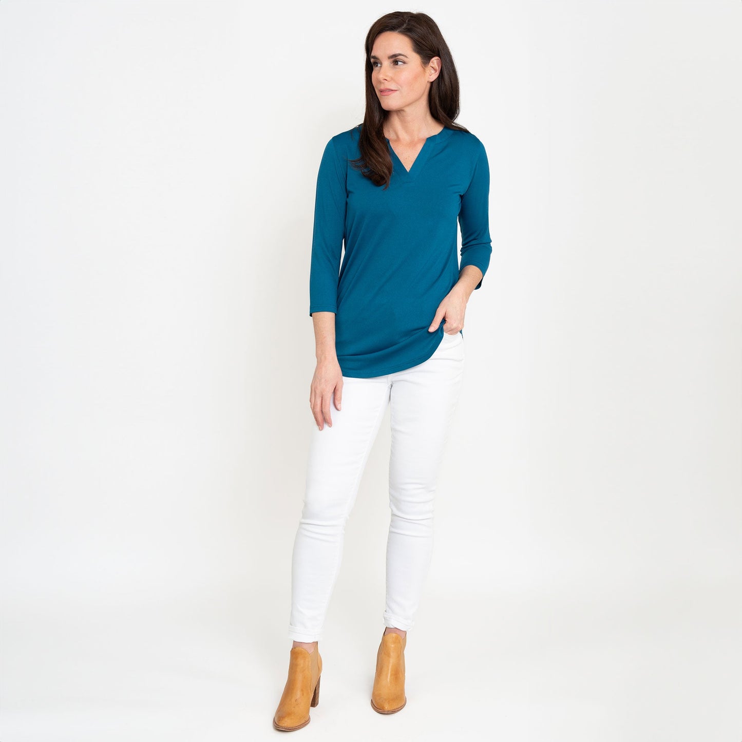 Daisy 3/4 Sleeve V-Neck Jersey Teal Tunic Blouse