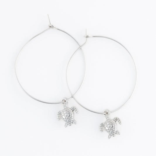Dainty Sea Turtle Charm Hoop Earrings
