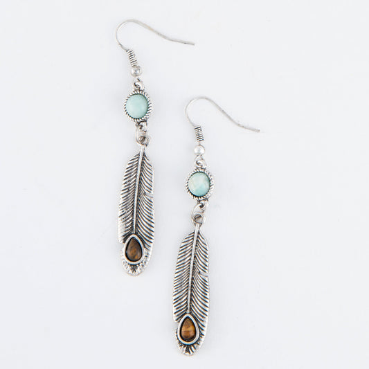 Wild Spirit Genuine Stone Silver Feather Pendant Earrings
