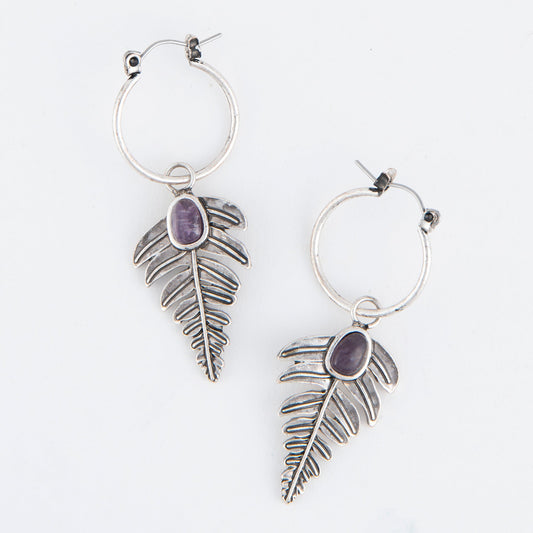 Wild Spirit Amethyst Silver Leaf Hoop Earrings