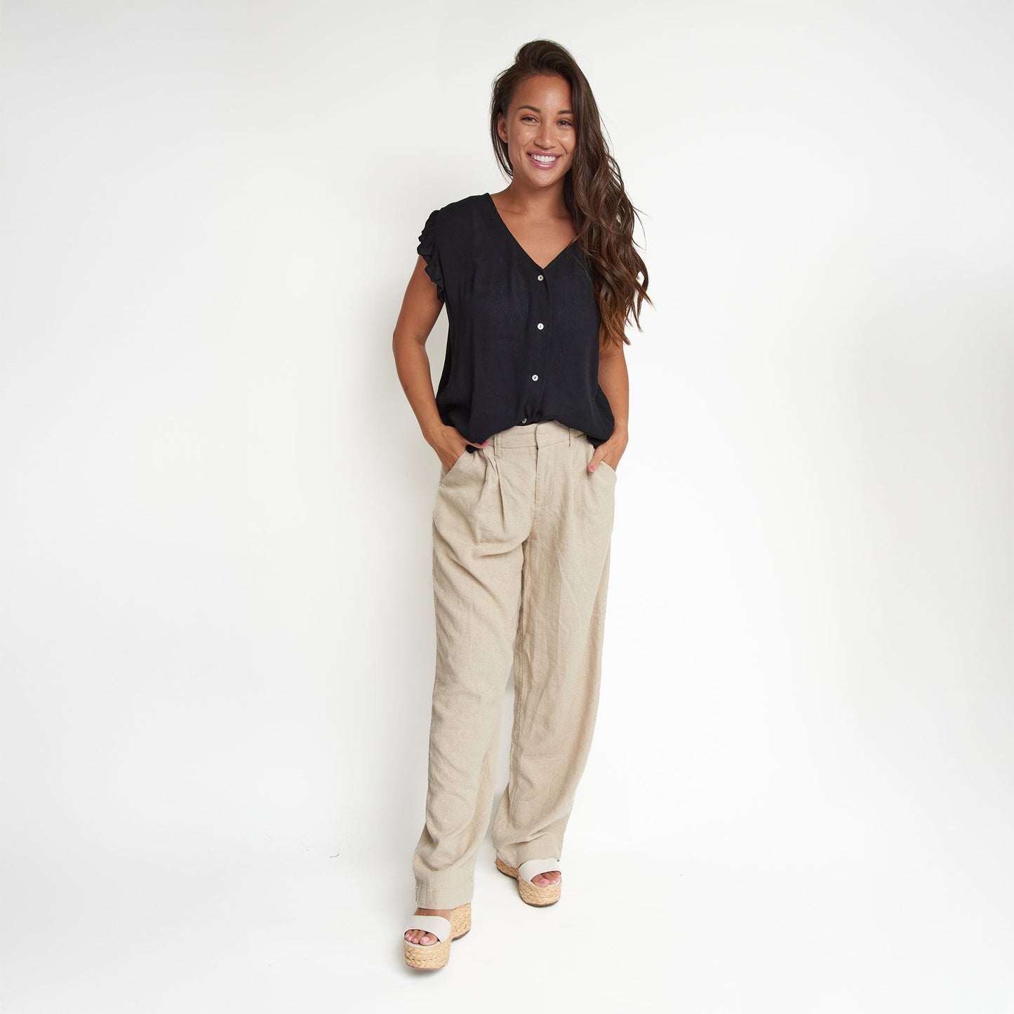 Amerie Black Crepe Button Up V-Neck Tank Top