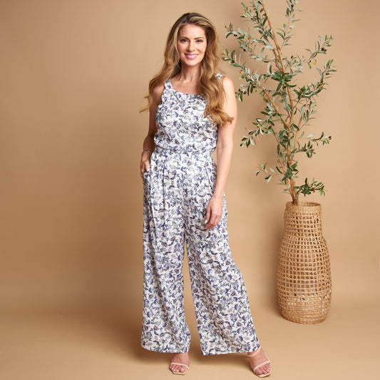 Amerie Floral Sleeveless Scoop Neck Crepe Wide Leg Jumpsuit