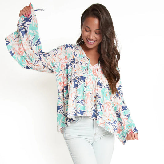 Kinsley Beach Floral Printed Tiered Tie Front Long Sleeve Blouse Size XL