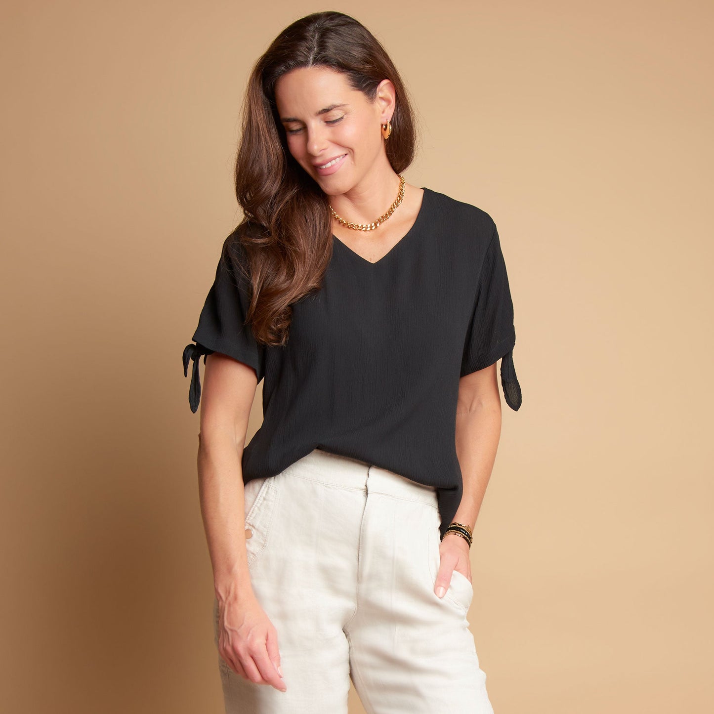 Nika Crepe Tied Short Sleeve V-Neck Blouse