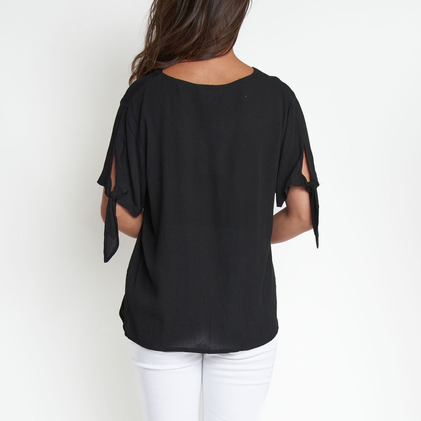 Nika Crepe Tied Short Sleeve V-Neck Blouse