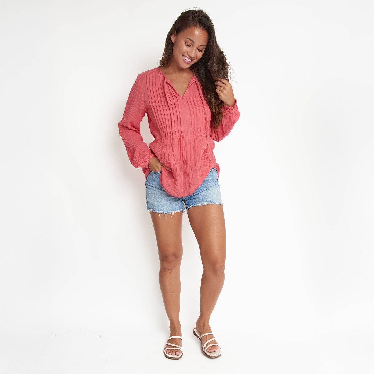 Eisley Cotton Gauze Long Sleeve Pintuck V-Neck Tunic