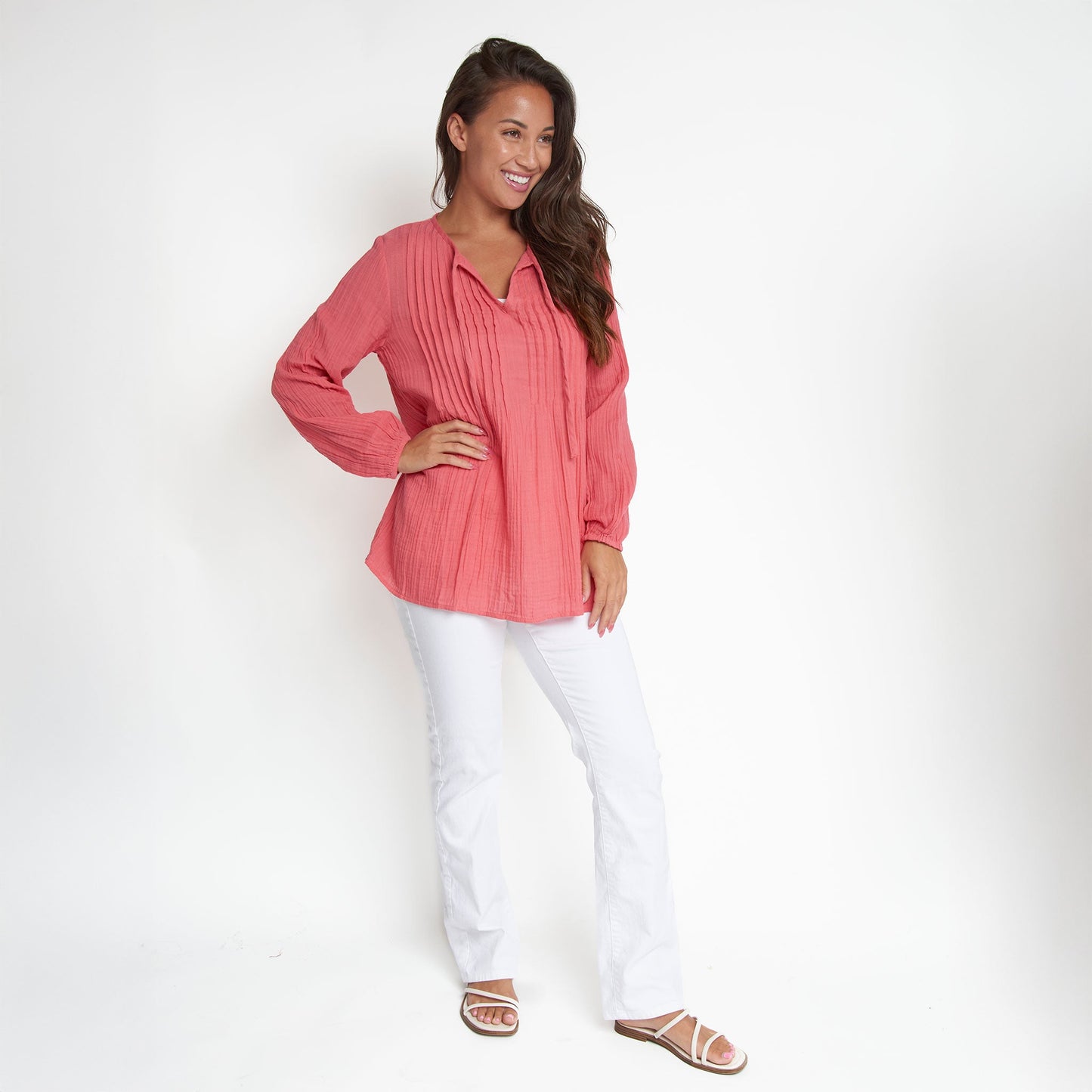 Eisley Cotton Gauze Long Sleeve Pintuck V-Neck Tunic