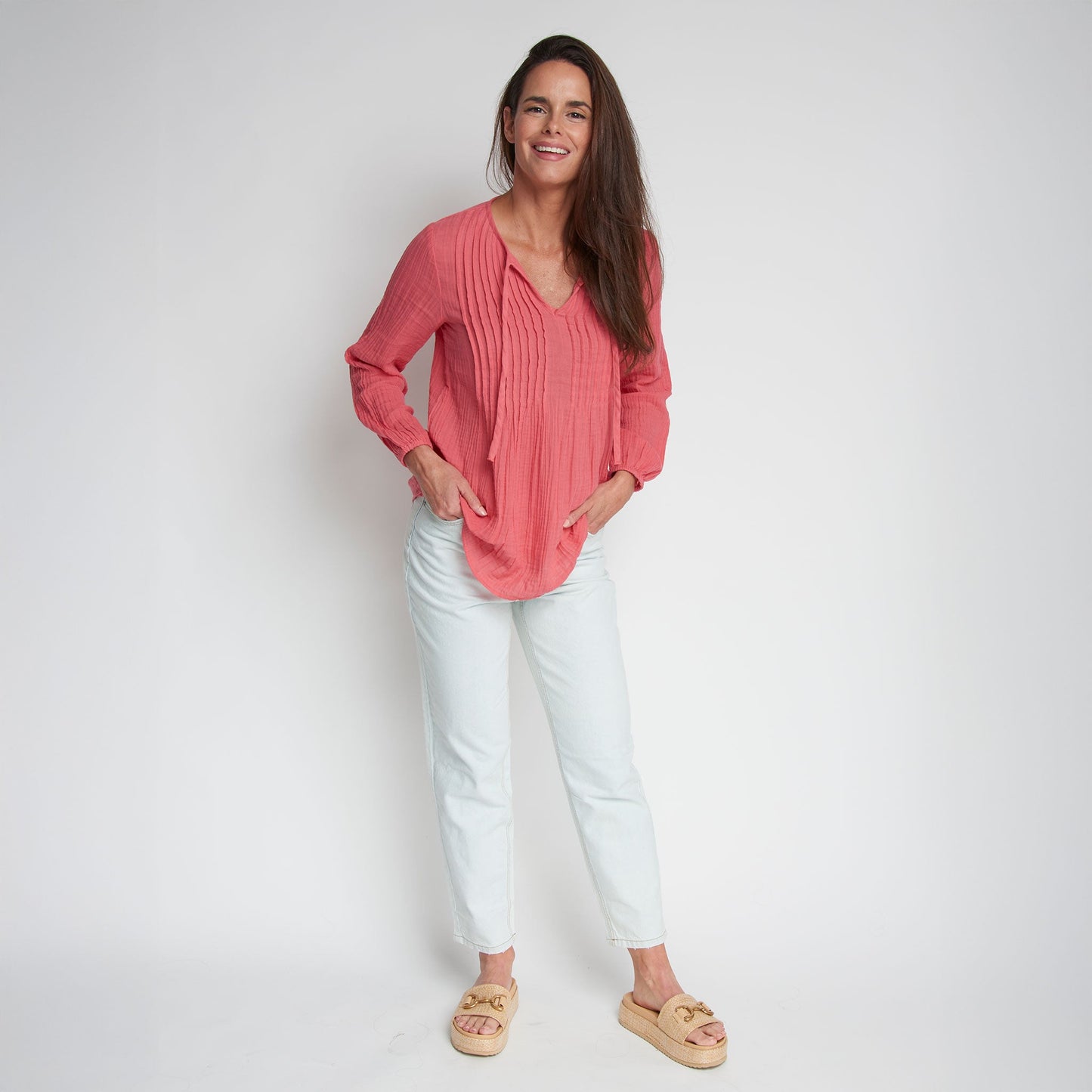 Eisley Cotton Gauze Long Sleeve Pintuck V-Neck Tunic